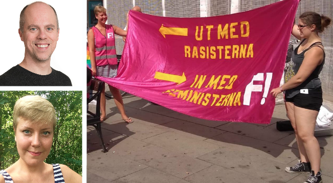 Stina Jansson, Per Hård Af Segerstad. Feministiskt Initiativ banderoll.